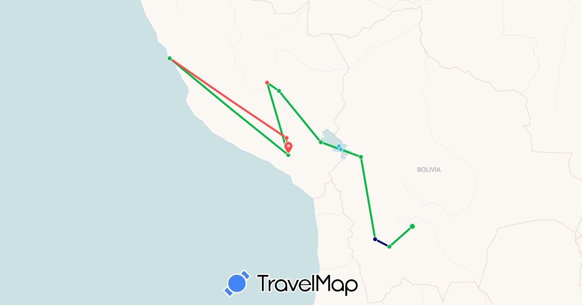 TravelMap itinerary: driving, bus, hiking, boat in Bolivia, Peru (South America)